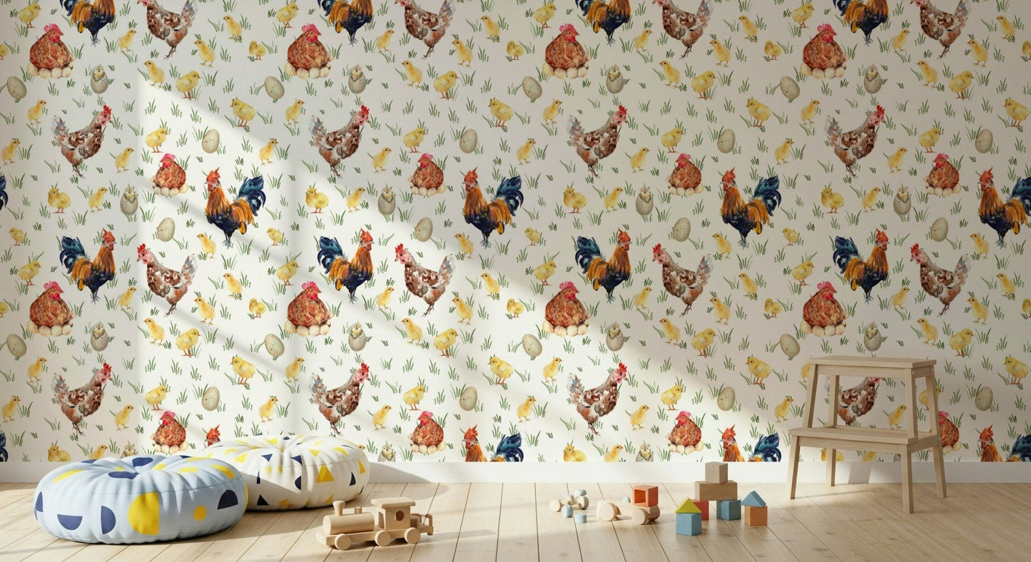 Whimsical barnyard scene Watercolor Chicken Coop wall mural art.