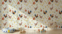 Whimsical barnyard scene Watercolor Chicken Coop wall mural art.