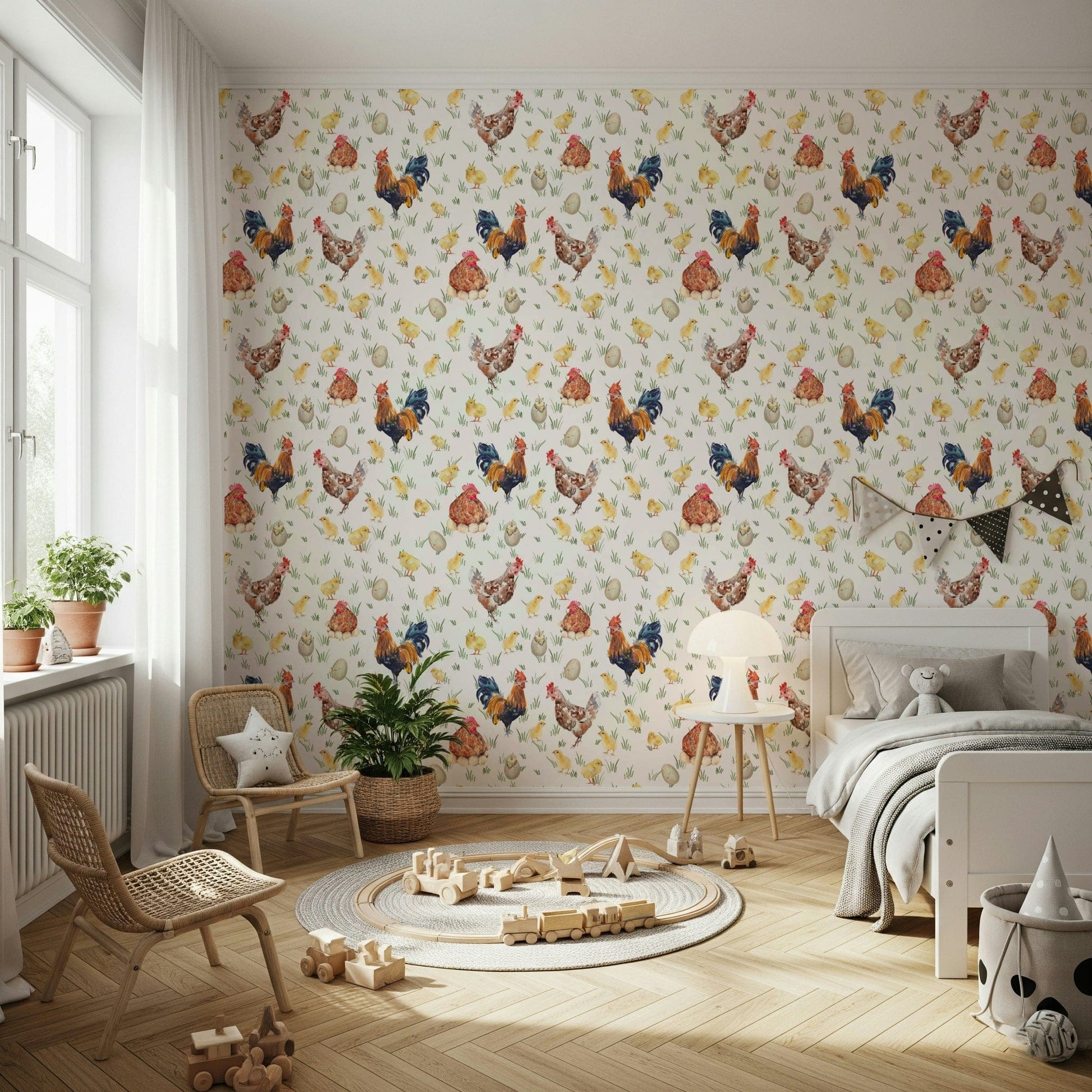 Watercolor Chicken Coop mural showcases cracked eggs and fluffy hatchlings.