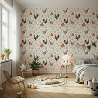 Watercolor Chicken Coop mural showcases cracked eggs and fluffy hatchlings.