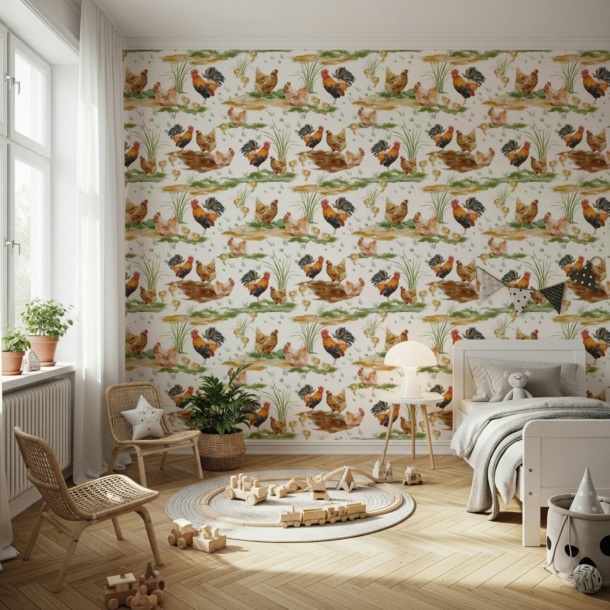 Farmyard chicken wallpaper for walls, rustic watercolor design.