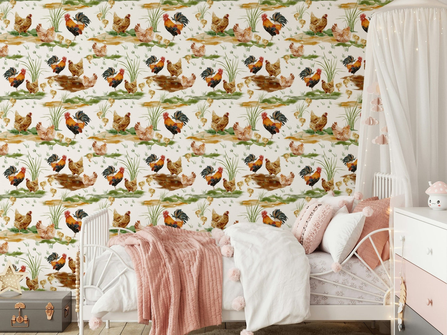 Decorative Watercolor Chicken Coop wallpaper, delightful poultry illustration.