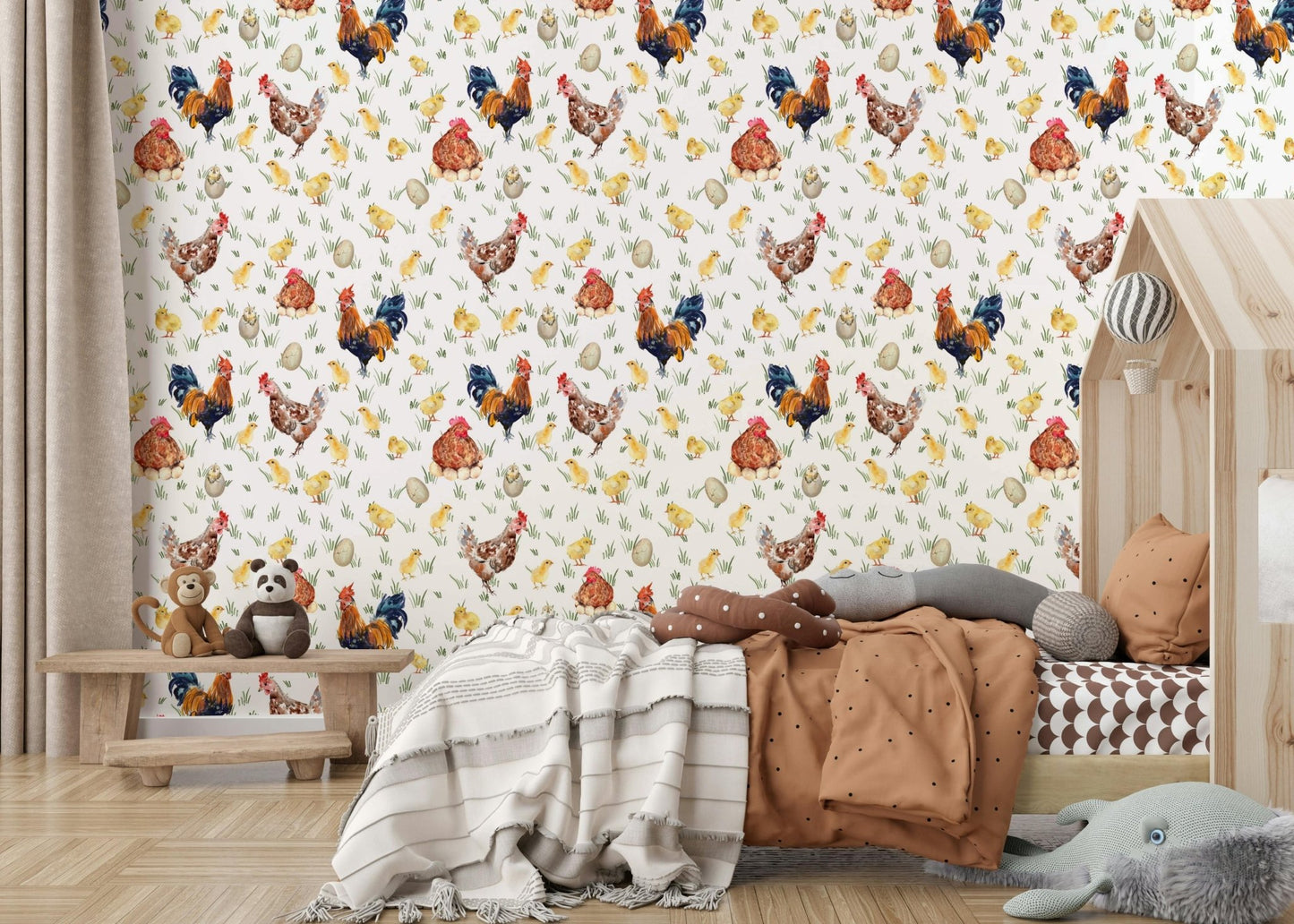 Proud roosters decorate this Watercolor Chicken Coop wallpaper for walls.