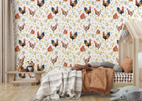 Proud roosters decorate this Watercolor Chicken Coop wallpaper for walls.
