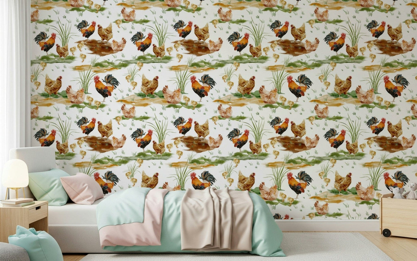 Seamless pattern of chickens, wall decal, Watercolor Chicken Coop theme.