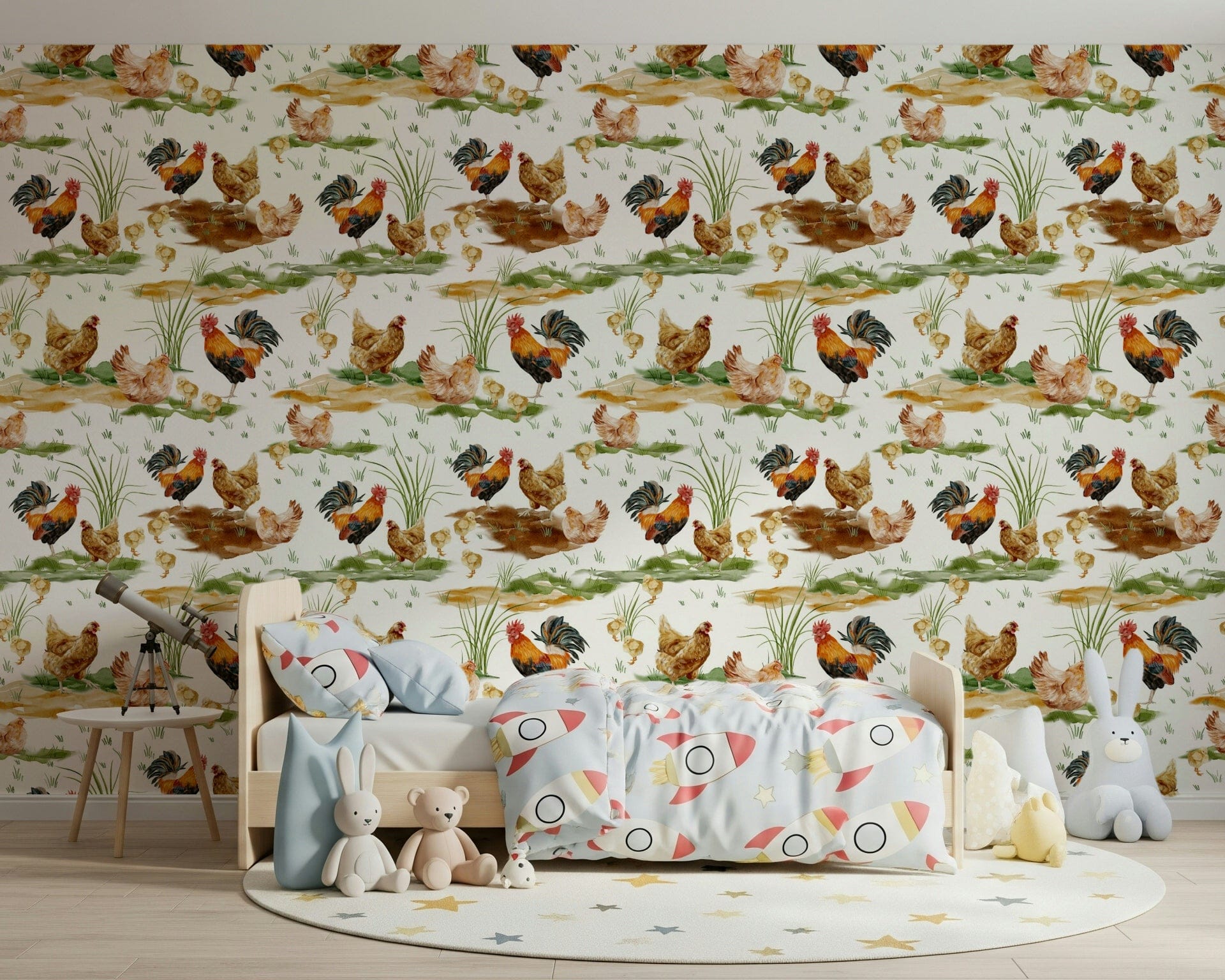 Pastoral scene chicken wallpaper, hand-painted look for walls.