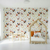 Vibrant plumage highlights Watercolor Chicken Coop wallpaper for walls.