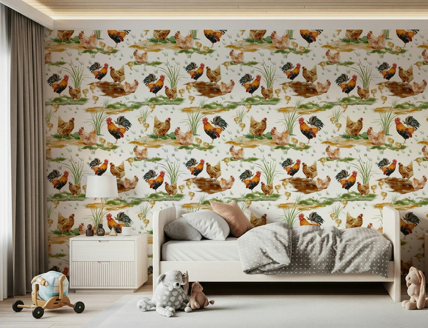 Watercolor Chicken Coop wall treatment, beautiful rural landscape.