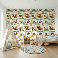 Hen and rooster wall covering, chicks in grassy field, Watercolor Chicken Coop.