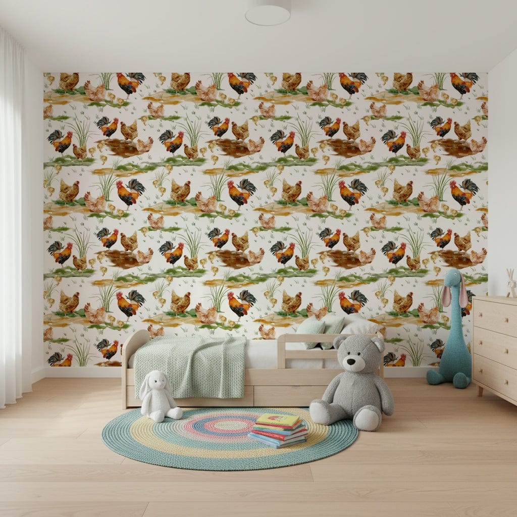 Nursery wall design, colorful chicks and roosters, Watercolor Chicken Coop.