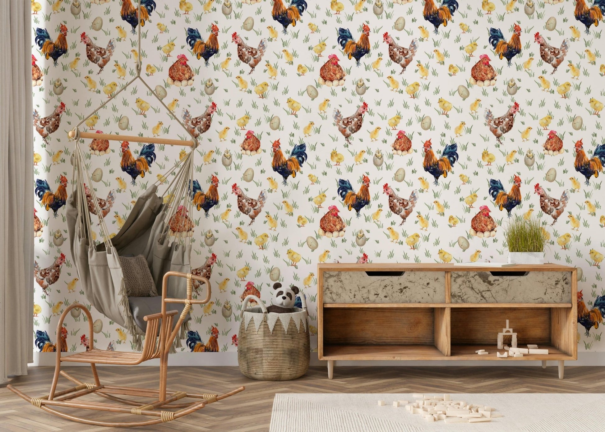 Hand-painted hens nesting on Watercolor Chicken Coop wall mural designs.