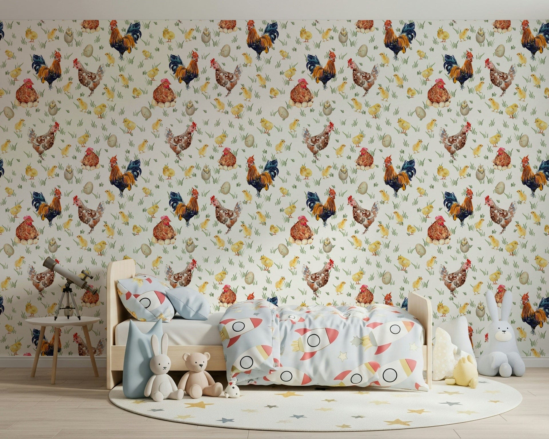 Watercolor Chicken Coop wallpaper mural featuring rustic farmhouse poultry illustrations., GD7231