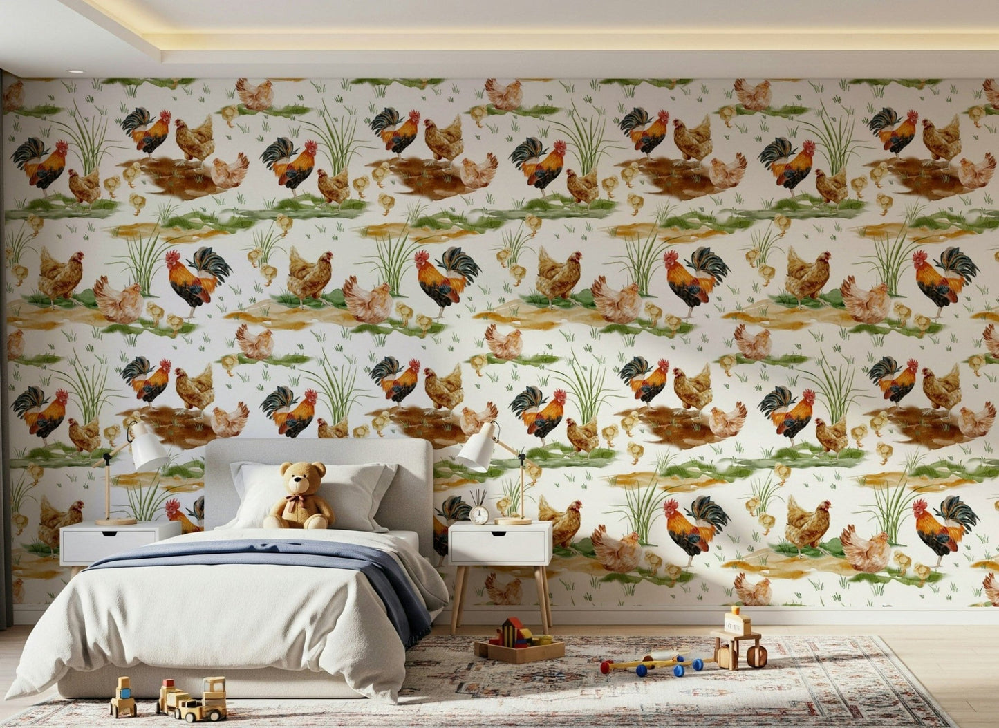 Watercolor Chicken Coop scenic wall art with roosters and hens.