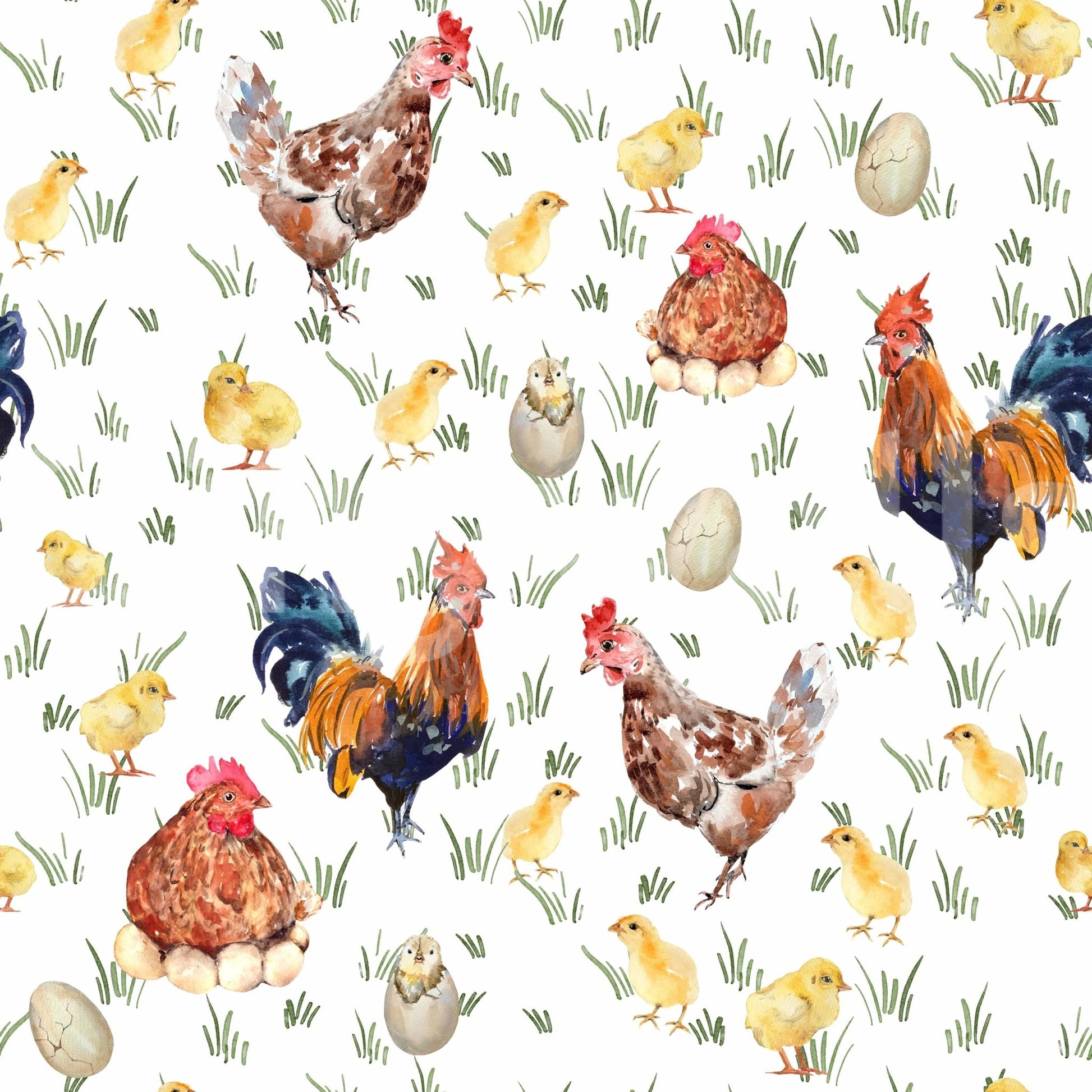 Watercolor Chicken Coop mural displays hen sitting on eggs.