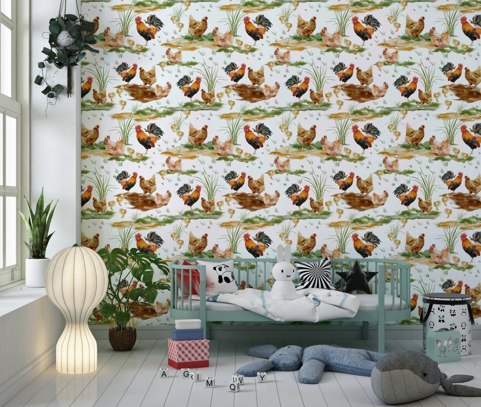 Textured look chicken family wall mural, warm brown and green tones.