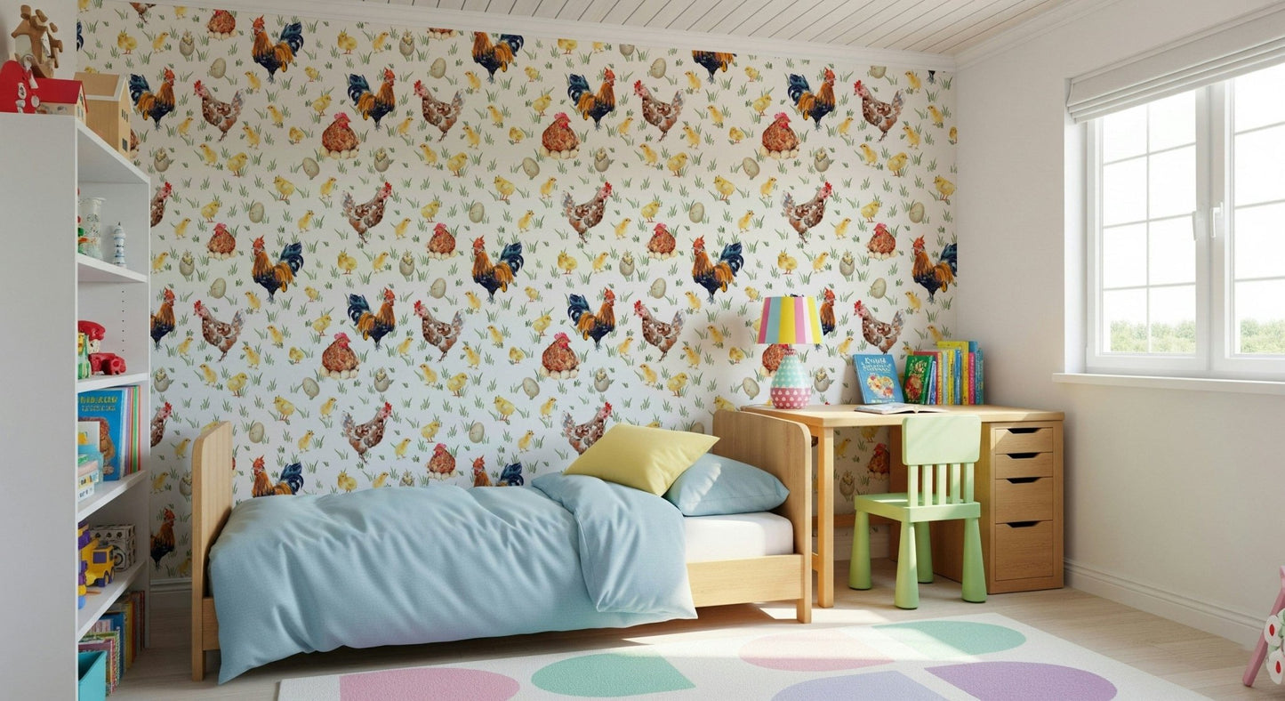 Watercolor Chicken Coop wallpaper features soft meadow grass details.