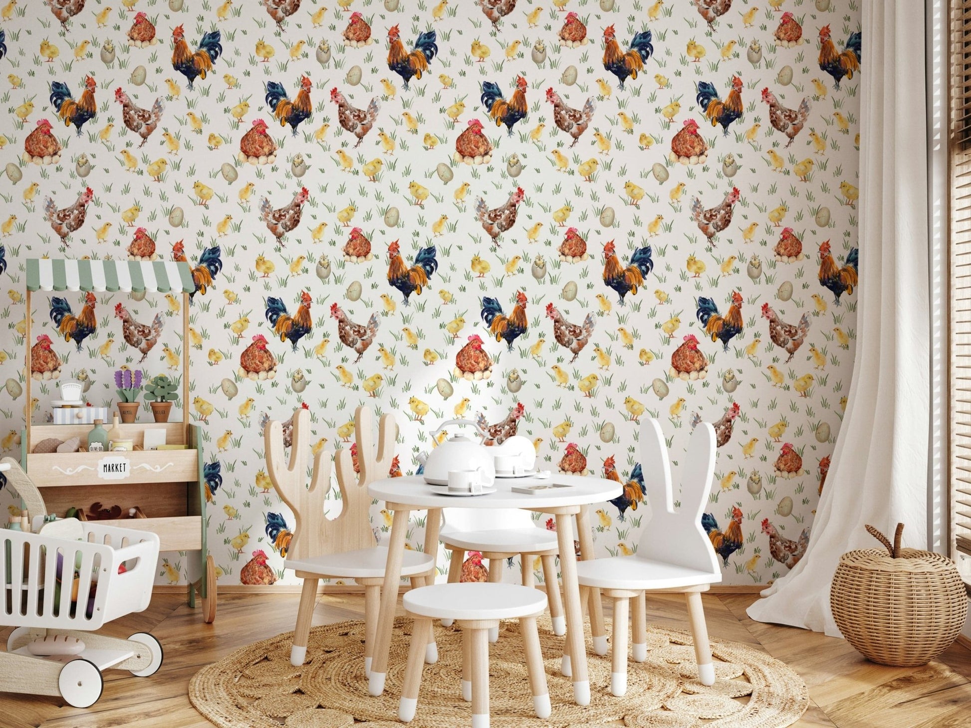Farm-to-home style Watercolor Chicken Coop peel and stick wallpaper.