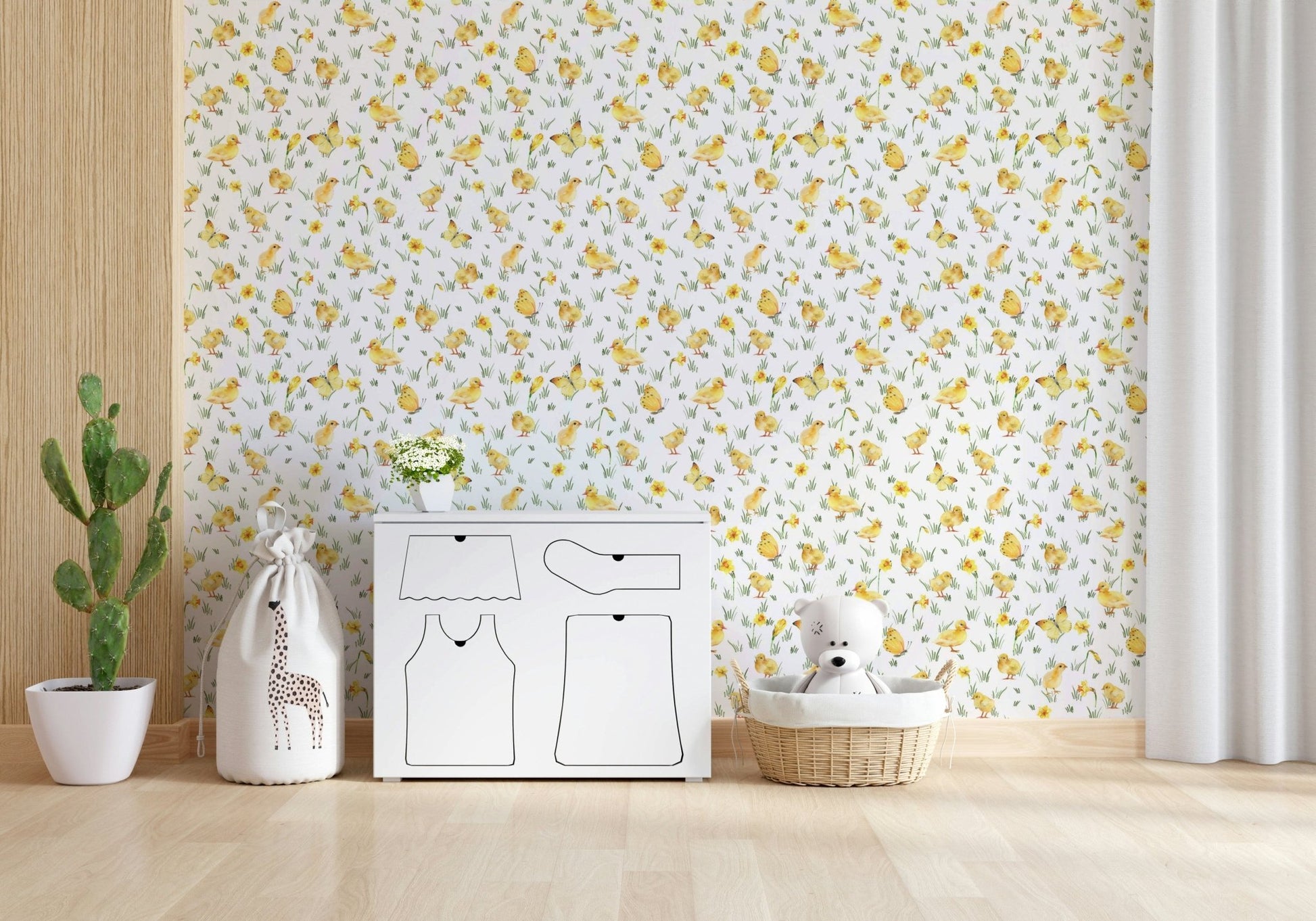 Cheerful nursery decor using Watercolor Chicks peel and stick wallpaper.