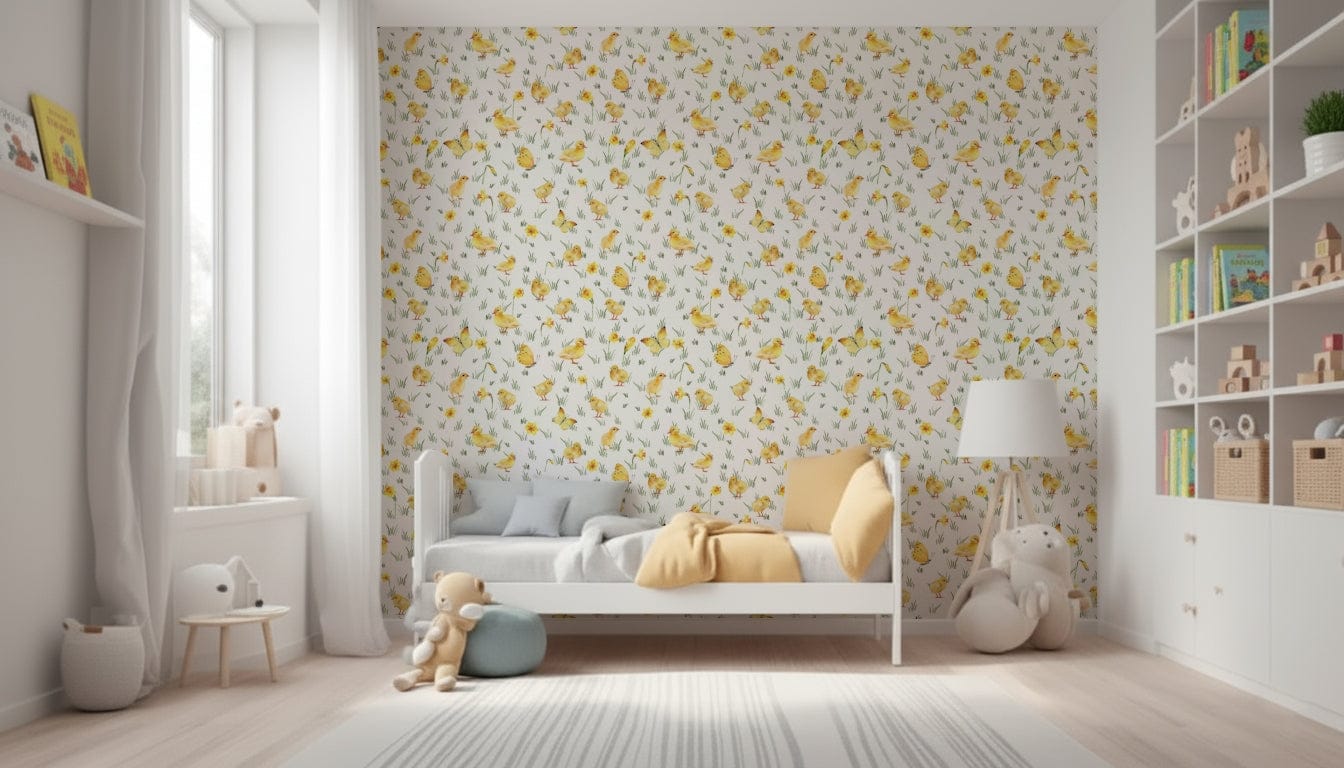 Elegant hand-drawn spring blossoms Watercolor Chicks wallpaper for walls.