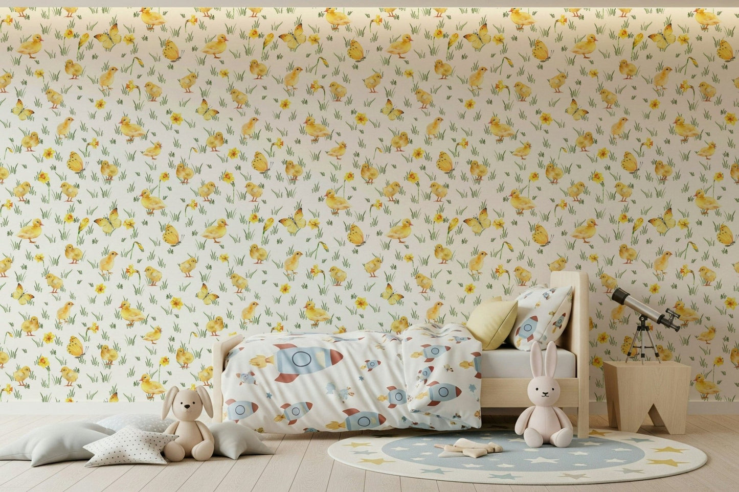 Charming countryside animal print Watercolor Chicks peel and stick wallpaper.