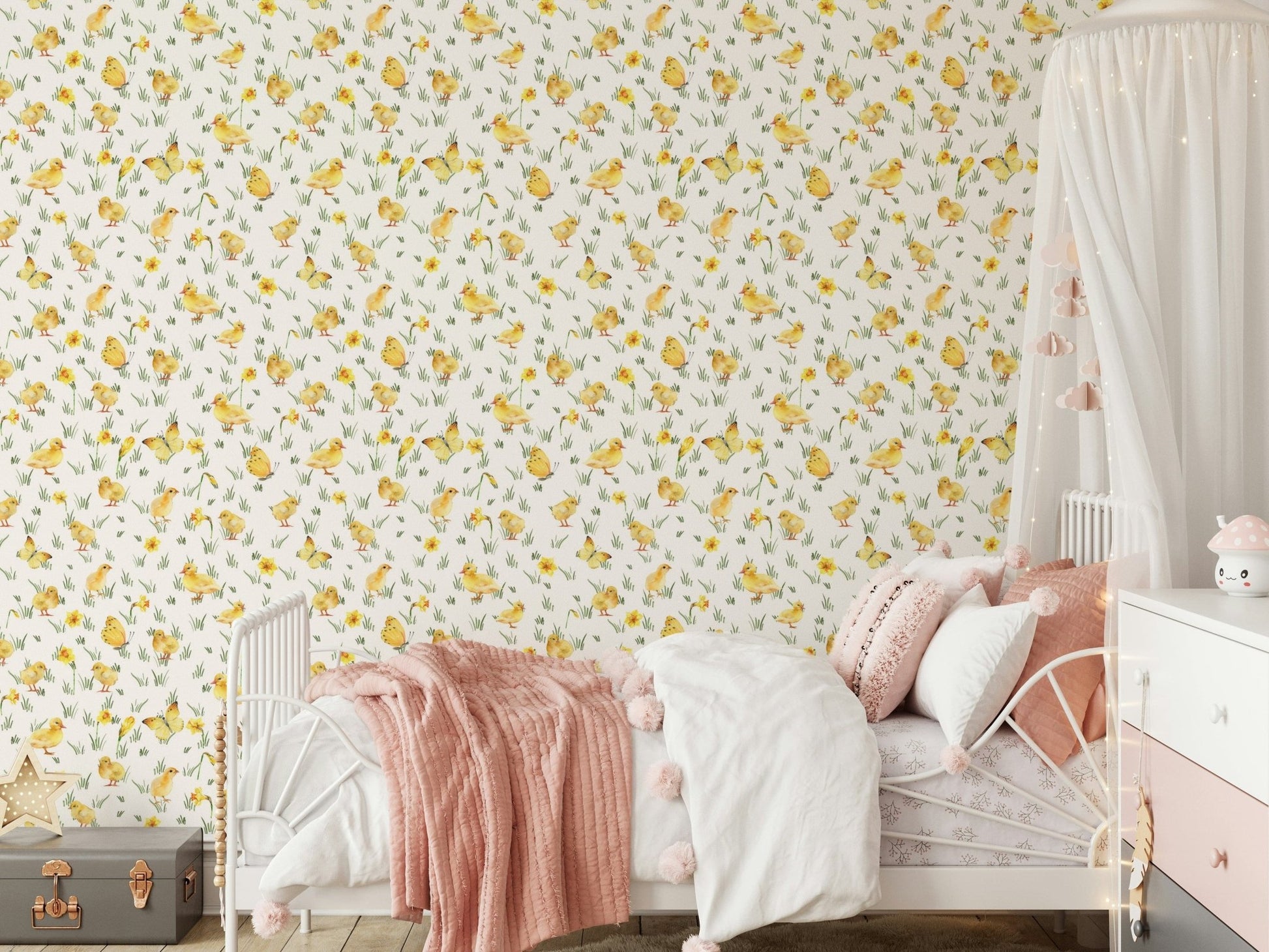 Artistic fledgling bird pattern Watercolor Chicks wallpaper mural.
