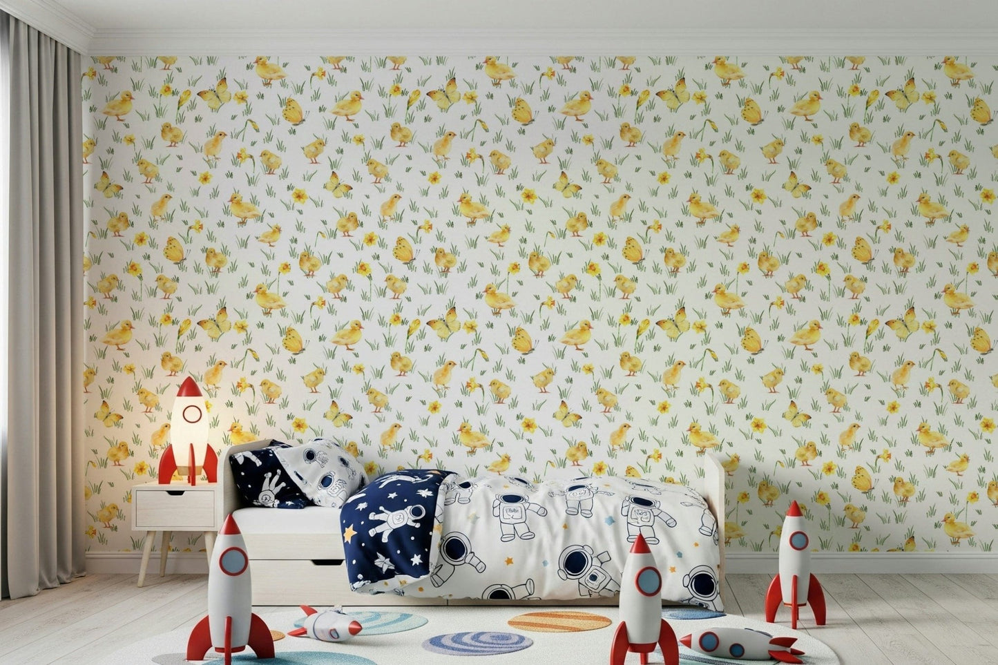 Sunny yellow nature theme Watercolor Chicks peel and stick wallpaper.