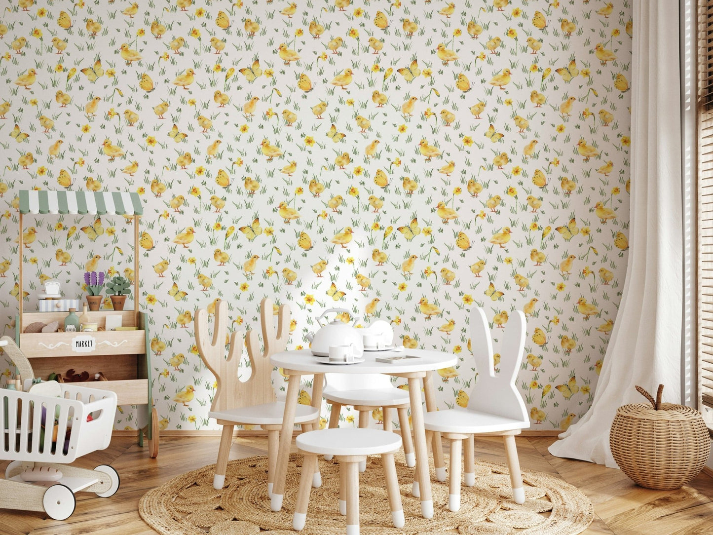 Serene field-inspired aesthetic Watercolor Chicks wallpaper for walls.