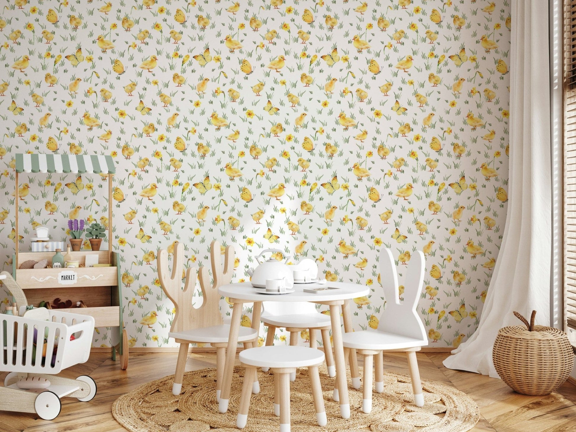 Serene field-inspired aesthetic Watercolor Chicks wallpaper for walls.