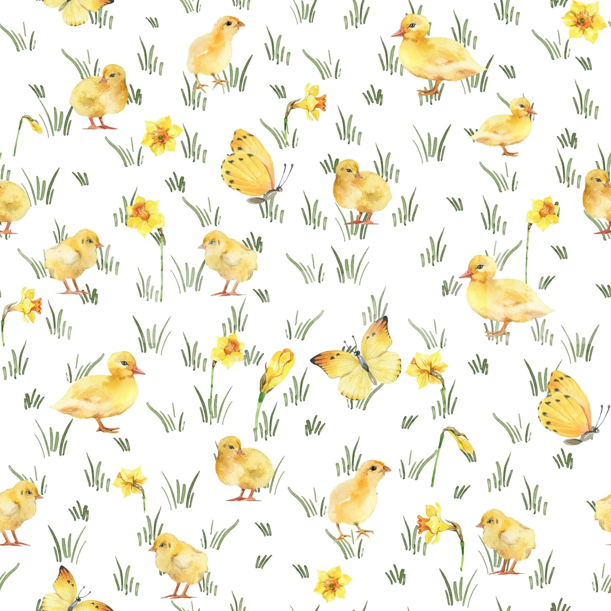 Whimsical garden butterflies and Watercolor Chicks wallpaper mural.