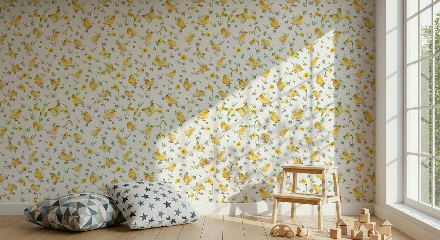 Sweet fledgling ducklings illustrate this Watercolor Chicks wallpaper mural.
