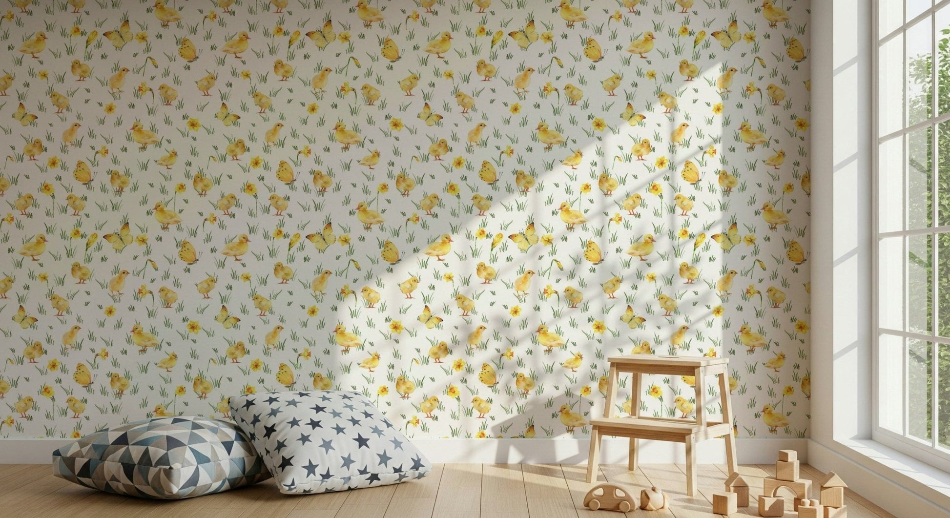 Sweet fledgling ducklings illustrate this Watercolor Chicks wallpaper mural.