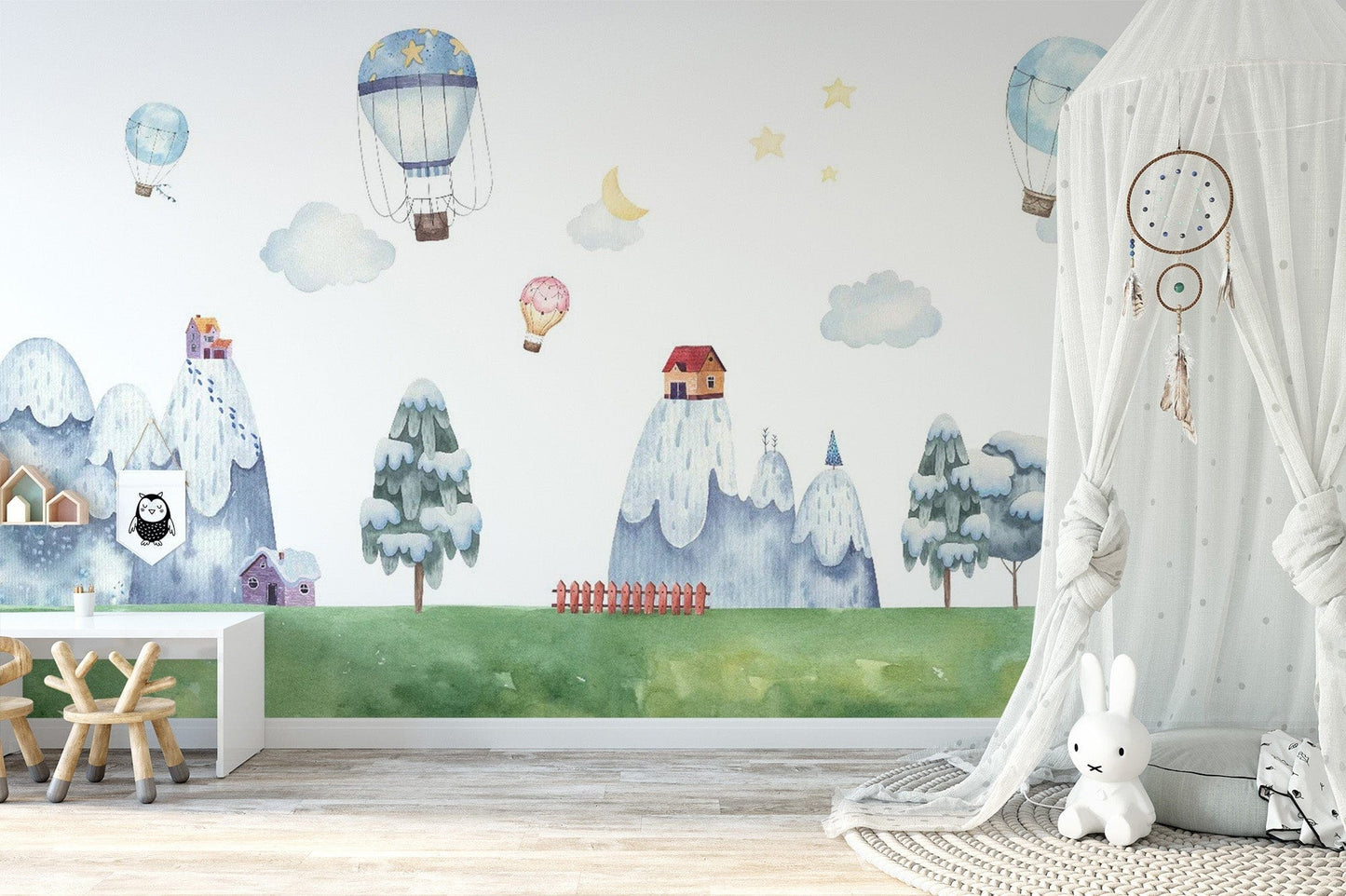 Watercolor City with Mountain & Hot Air Balloons Wallpaper - Giffywalls Kids-10