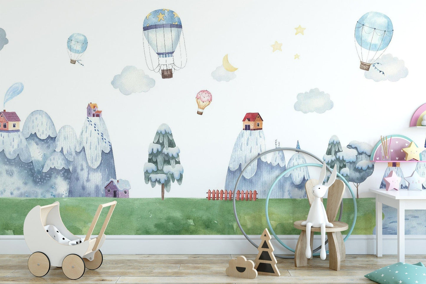 Watercolor City with Mountain & Hot Air Balloons Wallpaper - Giffywalls Kids-10