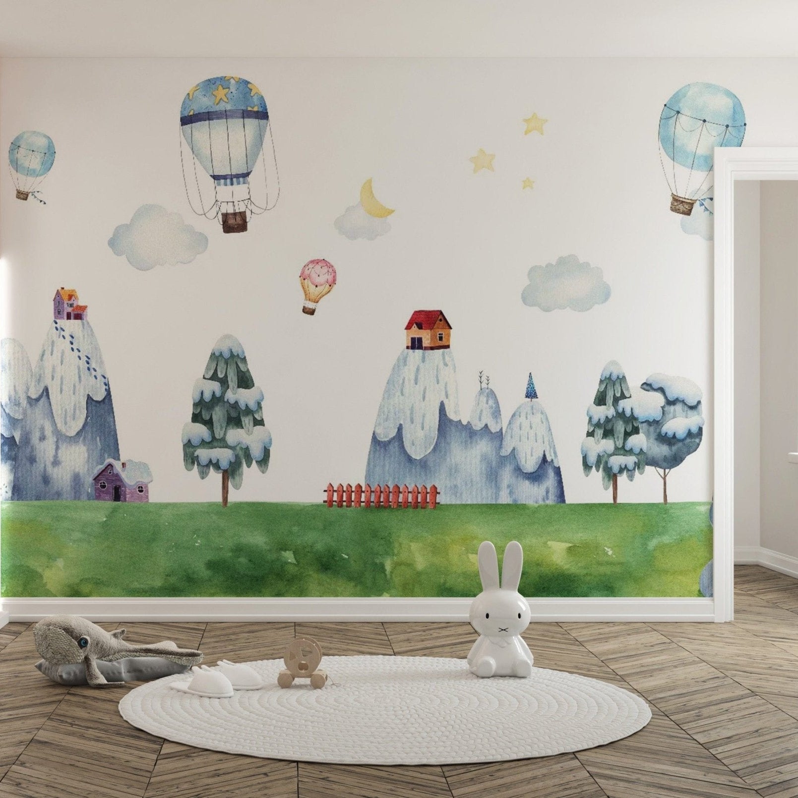 Watercolor City with Mountain & Hot Air Balloons Wallpaper - Giffywalls Kids-10