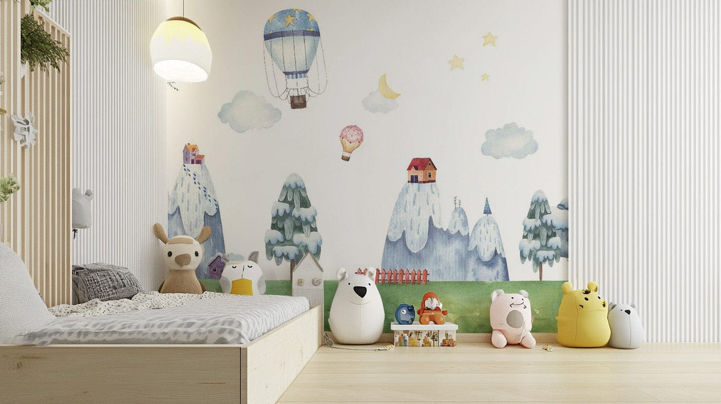 Watercolor city mural with hot air balloons wallpaper Kids-10