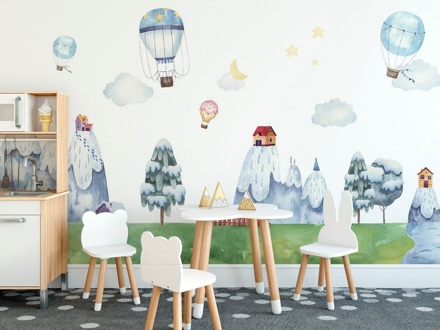 Watercolor City with Mountain & Hot Air Balloons Wallpaper - Giffywalls