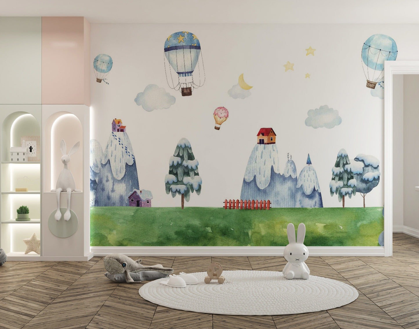 Watercolor City with Mountain & Hot Air Balloons Wallpaper - Giffywalls