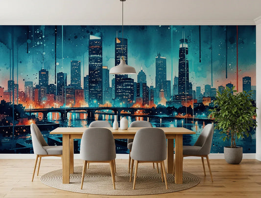 Dining room with Watercolor Cityscape Wall Mural and glowing skyline