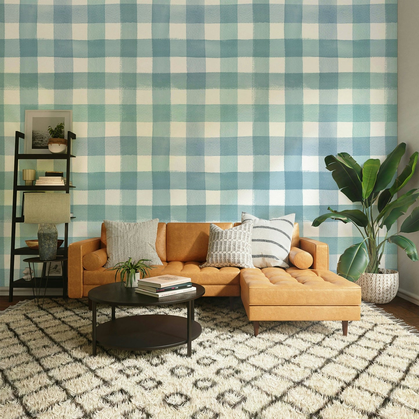 Classic blue checkered wall mural with brushstroke look

