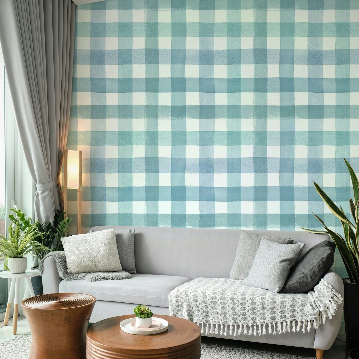 Classic plaid wall mural in soft blue tones

