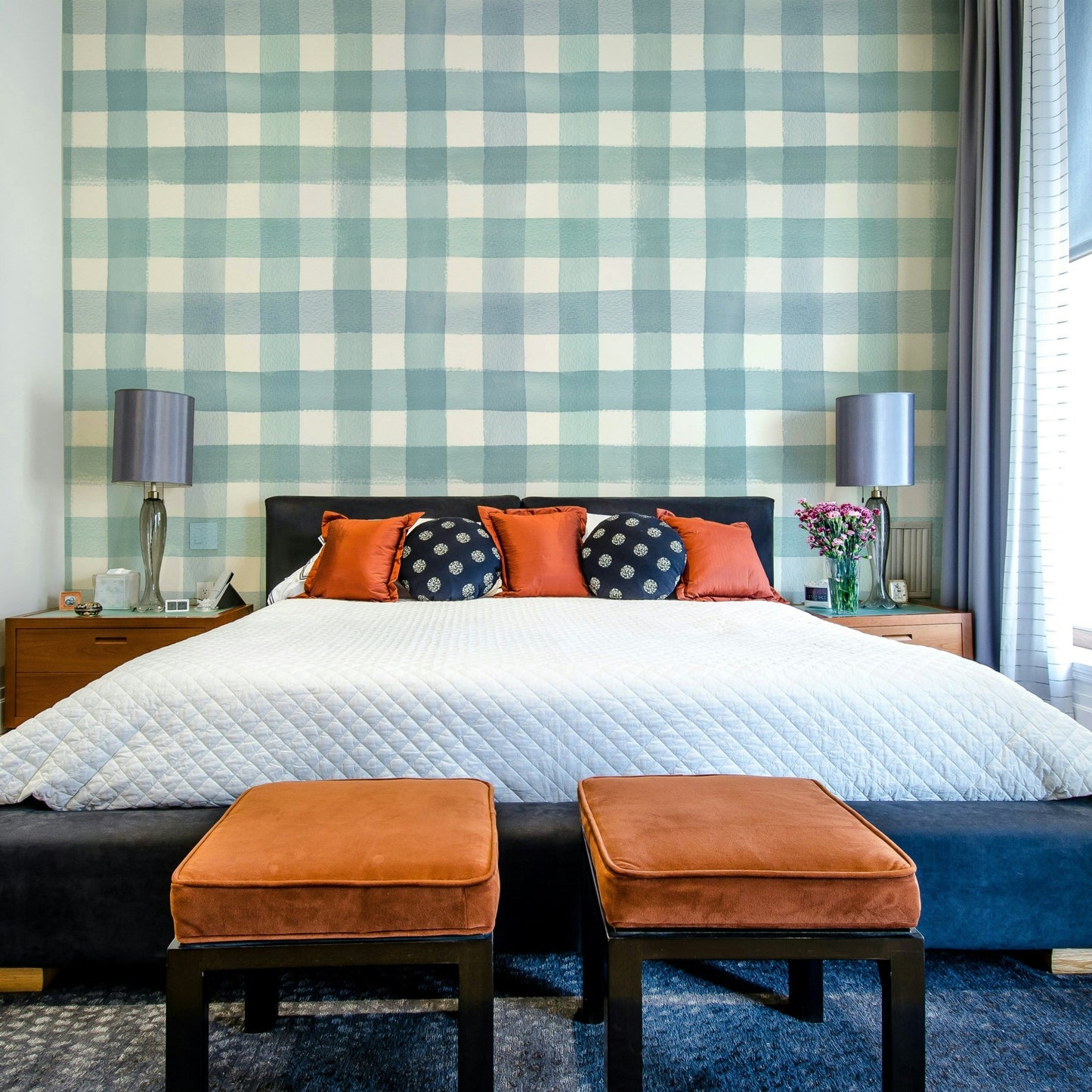 Hand-painted gingham design in blue shades

