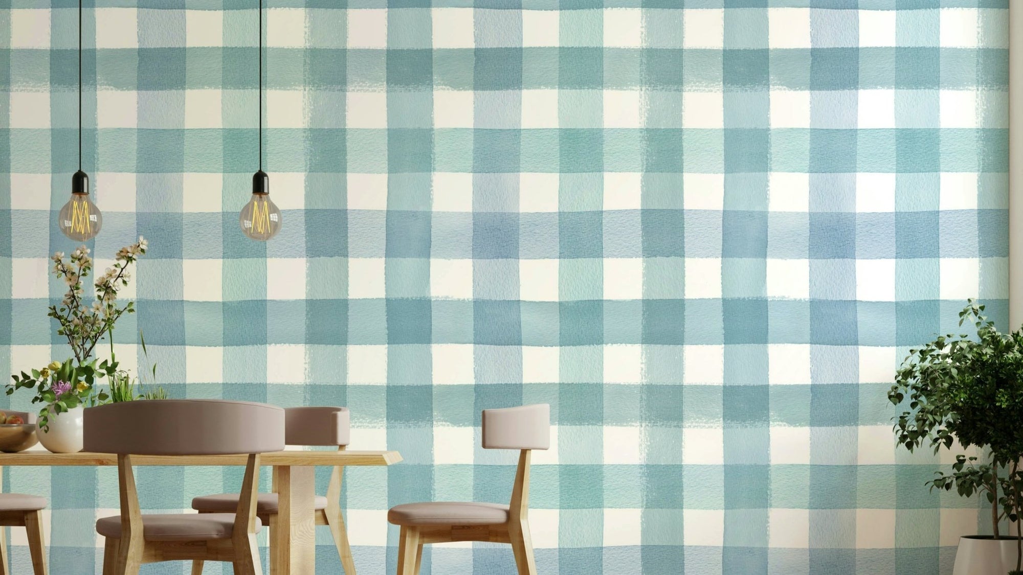 Blue gingham wallpaper with watercolor texture, GD1554