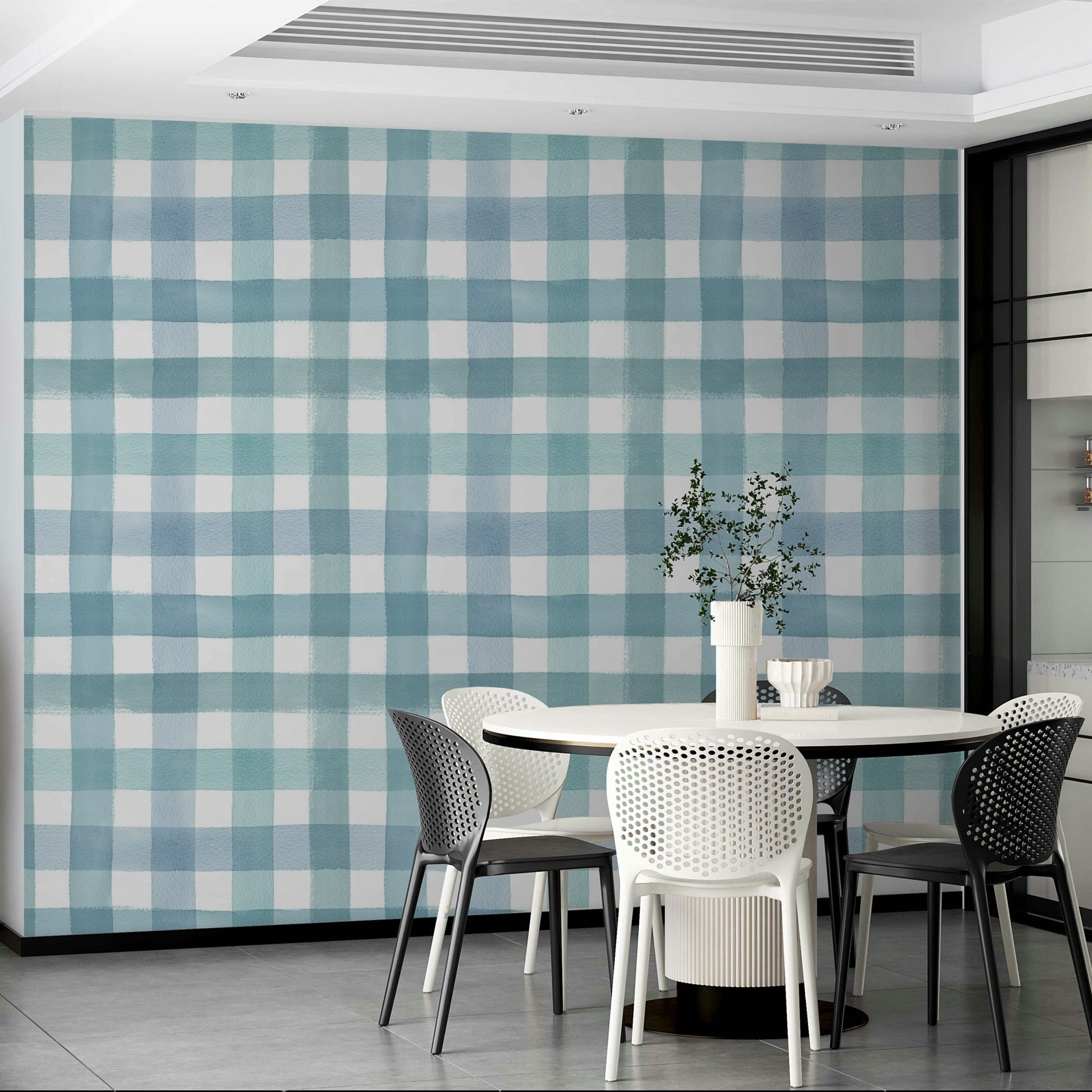 Soft blue gingham wallpaper for kitchens or nurseries

