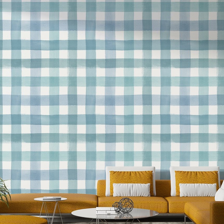 Watercolor blue checks wallpaper for walls

