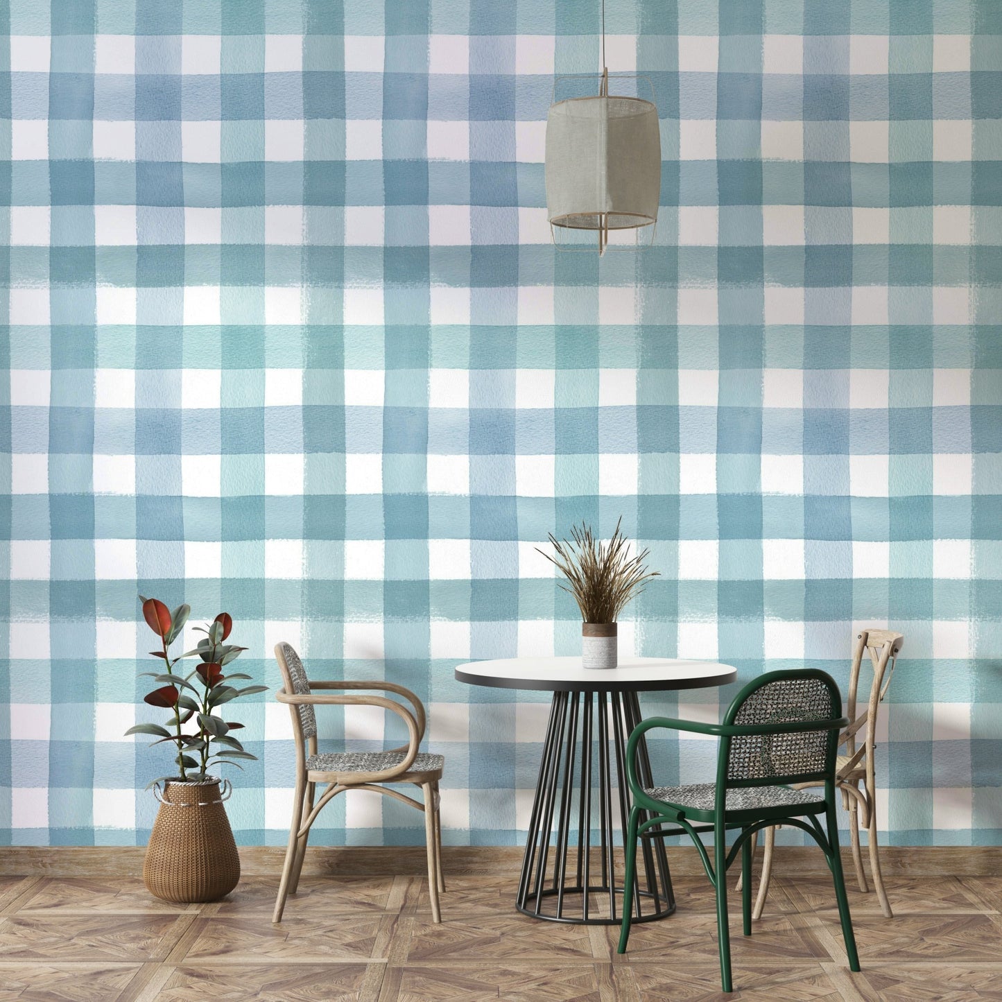 Light blue gingham pattern wall covering

