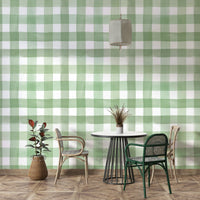 Green gingham wall covering with brushstroke look

