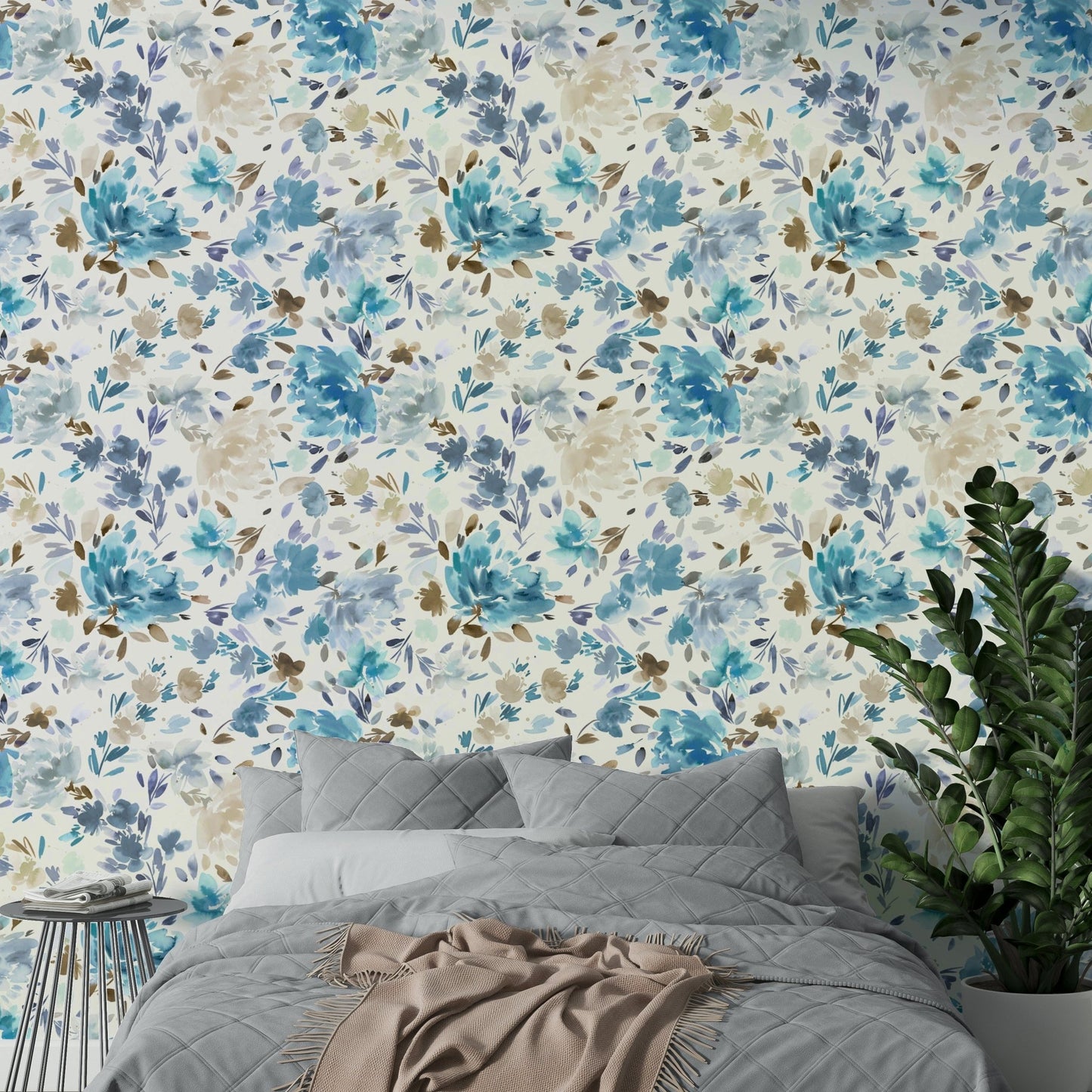 Elegant blue rose mural in soft tones

