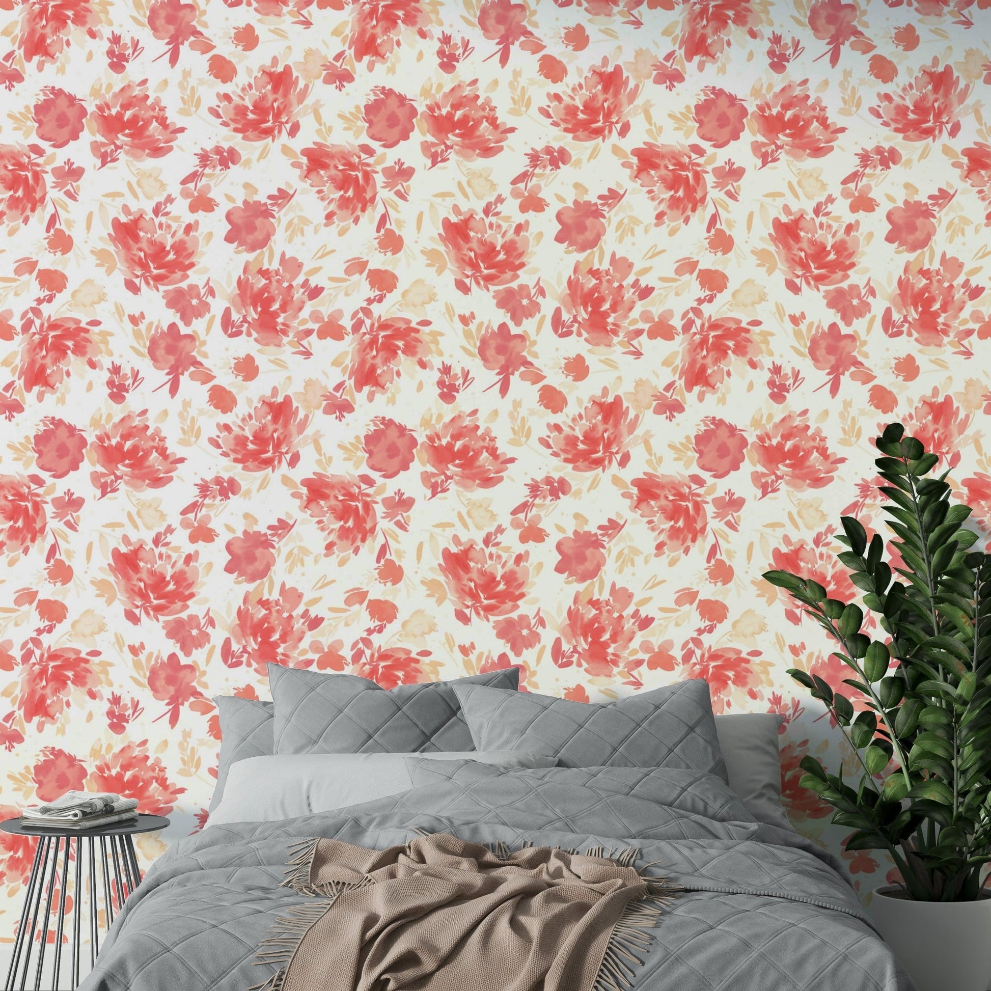 Watercolor rose pattern with coral and peach hues

