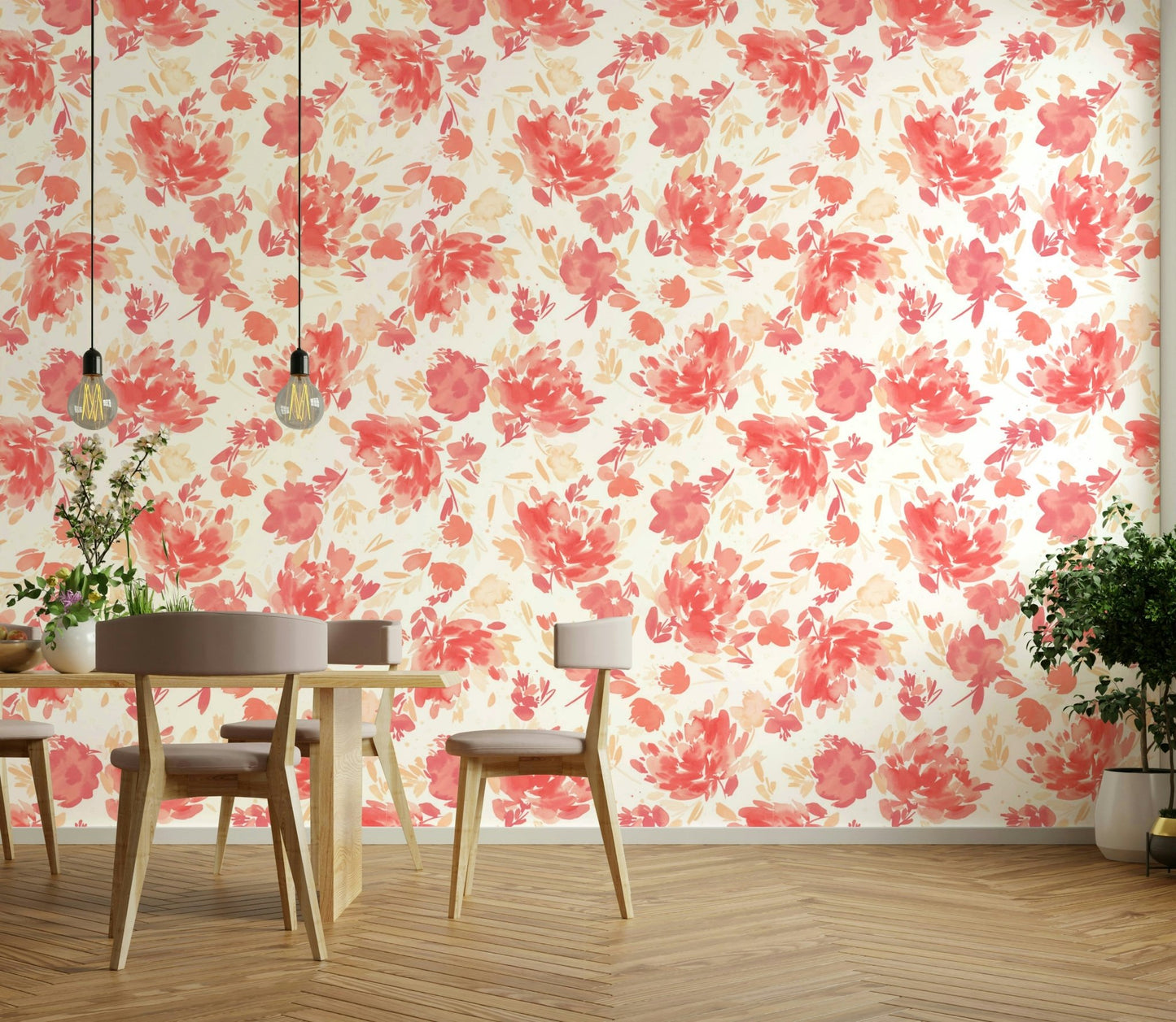 Peach coral roses mural with hand-painted style

