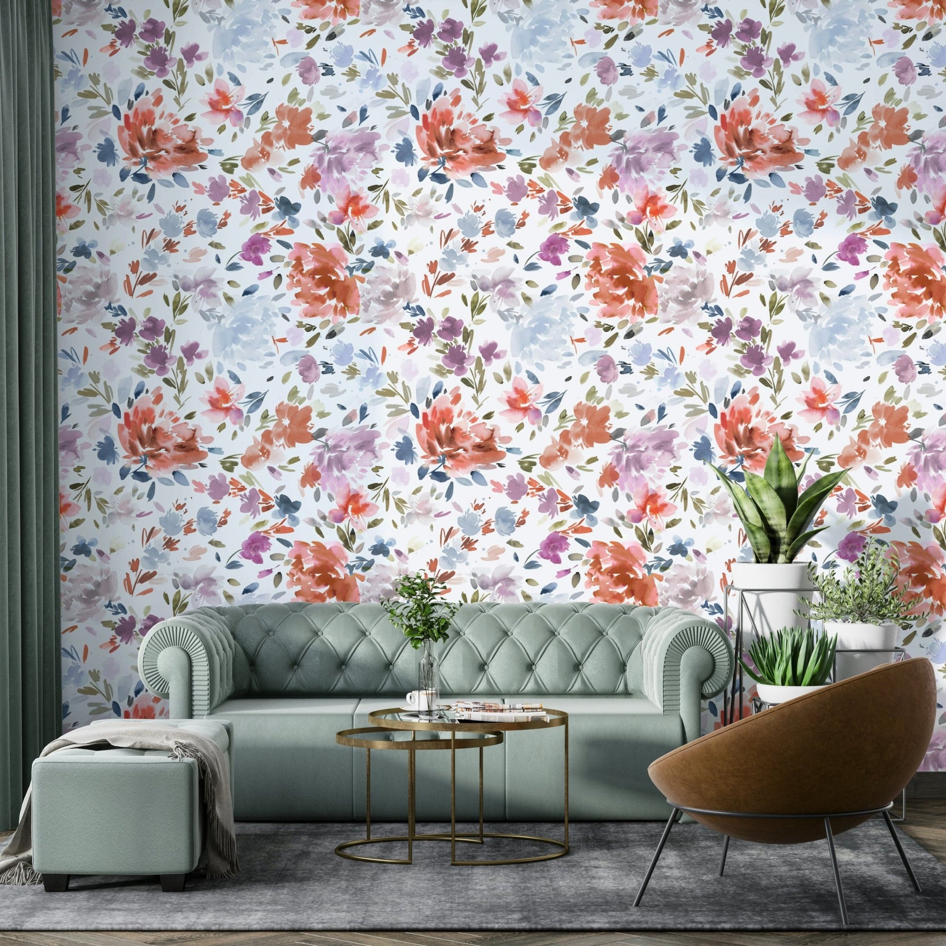 Floral wall covering with red and blue roses

